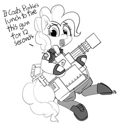 Size: 1280x1295 | Tagged: safe, artist:pabbley, pinkie pie, g4, clothes, crossover, dialogue, female, heavy weapons guy, heavy weapons pie, minigun, monochrome, simple background, solo, team fortress 2, white background