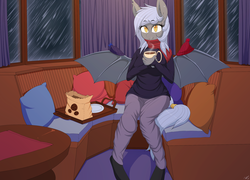 Size: 2785x2000 | Tagged: safe, artist:replica, oc, oc only, oc:panne, bat pony, anthro, unguligrade anthro, chocolate, clothes, cozy, food, high res, hot chocolate, looking at you, pajamas, scarf, snow, snowfall, socks, solo, sweater