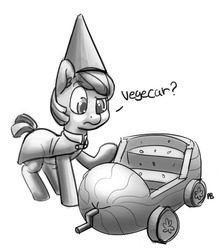 Size: 1280x1450 | Tagged: safe, artist:pabbley, pony, car, dialogue, monochrome, over the garden wall, ponified, simple background, solo, white background, wirt