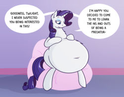 Size: 1600x1250 | Tagged: safe, artist:irateliterate, rarity, twilight sparkle, pony, unicorn, g4, belly, belly button, dialogue, female, fetish, mare, preylight, raripred, sitting, vore