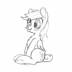 Size: 927x926 | Tagged: safe, artist:trickydick, derpy hooves, pegasus, pony, g4, blush sticker, blushing, chest fluff, cute, female, grayscale, mare, monochrome, simple background, sitting, sketch, solo, tongue out, white background