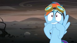Size: 1920x1080 | Tagged: safe, screencap, rainbow dash, pony, g4, the cutie re-mark, top bolt, alternate timeline, ashlands timeline, barren, female, goggles, implied genocide, mare, post-apocalyptic, reaction image, solo, wasteland