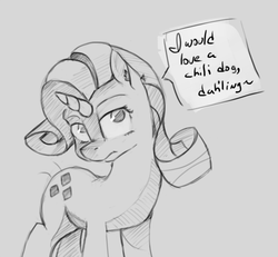 Size: 1042x962 | Tagged: safe, artist:post-it, rarity, g4, chili dog, chilli, colored sketch, crossover, female, food, hot dog, meat, monochrome, sausage, shipping, solo, sonic the hedgehog (series), speech bubble