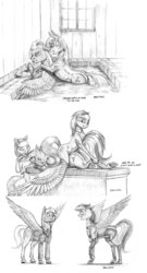 Size: 1000x1852 | Tagged: safe, artist:baron engel, aloe, lotus blossom, rainbow dash, oc, oc:carousel, oc:sky brush, pegasus, pony, g4, butt, female, grayscale, male, mare, massage, monochrome, nudity, pampering, pencil drawing, plot, sheath, simple background, sketch, spa, spa twins, spread wings, stallion, traditional art, white background, wingboner, wings