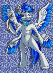 Size: 747x1024 | Tagged: safe, artist:php154, oc, oc only, oc:turquoise, pony, seraph, semi-anthro, bipedal, collar, colored feathertips, jewelry, multiple wings, necklace, paintbrush, solo, tiled background