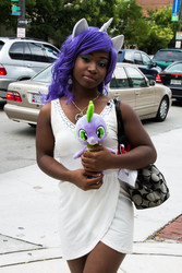 Size: 3456x5184 | Tagged: safe, artist:0the0midget0, artist:armyfrog25, artist:meeptoyousir, rarity, spike, human, g4, car, clothes, cosplay, costume, dress, irl, irl human, otakon, outdoors, photo, plushie, solo, spike plushie