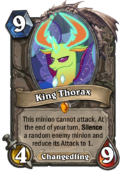 Size: 400x573 | Tagged: safe, edit, edited screencap, screencap, thorax, changedling, changeling, g4, to where and back again, angry, card, cropped, crossover, glowing antlers, glowing horn, hearthstone, horn, king thorax, legendary, male, solo, trading card, trading card game, warcraft