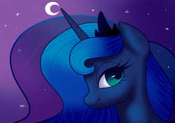 Size: 761x537 | Tagged: safe, artist:dezalouscancer, princess luna, g4, female, looking at you, moon, smiling, solo, stars