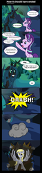 Size: 1969x8074 | Tagged: safe, artist:littletigressda, derpy hooves, queen chrysalis, starlight glimmer, pegasus, pony, g4, to where and back again, alternate ending, comic, female, gritted teeth, mare, spread wings