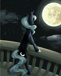 Size: 484x599 | Tagged: safe, artist:lumiere-the-artist, princess luna, pony, g4, balcony, bipedal, bipedal leaning, female, leaning, mare in the moon, moon, night, s1 luna, solo, stars