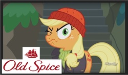 Size: 839x495 | Tagged: safe, edit, edited screencap, screencap, applejack, earth pony, pony, g4, ppov, applejack is best facemaker, captain jackbeard, discovery family logo, female, funny, funny as hell, old spice, solo