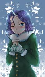 Size: 750x1280 | Tagged: safe, artist:161141, rarity, human, g4, blushing, clothes, coat, coffee, female, horn, horned humanization, humanized, one eye closed, snow, snowfall, solo, wink