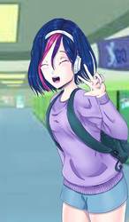 Size: 750x1280 | Tagged: safe, artist:161141, twilight sparkle, human, g4, backpack, eyes closed, female, humanized, open mouth, solo