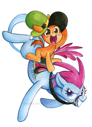 Size: 600x828 | Tagged: safe, artist:miszasta, blushing, bridle, crossover, grin, ponies riding ponies, ponified, riding, saddle, smiling, sylvia (wander over yonder), tack, wander (wander over yonder), wander over yonder