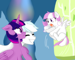Size: 400x320 | Tagged: safe, artist:h0mi3, double diamond, twilight sparkle, oc, oc:snowlight, alicorn, pegasus, pony, g4, crack shipping, cute, diamondlight, female, filly, happy, male, mare, offspring, parent:double diamond, parent:twilight sparkle, parents:diamondlight, shipping, shocked, smiling, stallion, story in the source, surprised, twilight sparkle (alicorn), twilight's castle