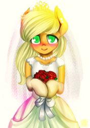 Size: 2893x4092 | Tagged: safe, artist:monochromacat, part of a set, applejack, earth pony, pony, semi-anthro, g4, bipedal, blushing, bouquet, clothes, dress, female, jewelry, looking at you, marriage, monochromacat's wedding series, necklace, part of a series, simple background, smiling, solo, wedding dress, white background