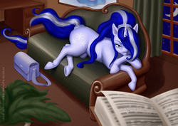Size: 1000x707 | Tagged: safe, artist:oracle-sphinx, oc, oc only, oc:icenight, pony, unicorn, book, couch, solo