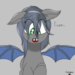 Size: 1500x1500 | Tagged: safe, artist:eclipsepenumbra, oc, oc only, oc:eclipse penumbra, bat pony, pony, bat wings, eeee, fangs, food, green eyes, marshmallow, signature, solo