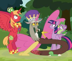 Size: 1024x878 | Tagged: safe, artist:kimberlycolors, big macintosh, discord, spike, twilight sparkle, alicorn, draconequus, pony, g4, princess spike, alicorn spike, alicornified, alidragon, bigmacicorn, crown, discorn, jewelry, male, princess big mac, princess discord, race swap, regalia, twilight sparkle (alicorn)