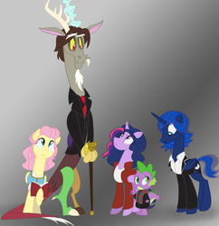 Size: 4364x4500 | Tagged: safe, artist:kimberlycolors, discord, fluttershy, princess luna, spike, twilight sparkle, alicorn, pony, g4, absurd resolution, belle gold, crossover, emma swan, henry mills, mr. gold, once upon a time, once upon a time (tv show), regina mills, twilight sparkle (alicorn)