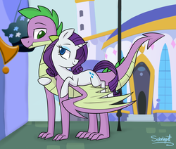 Size: 900x764 | Tagged: safe, artist:flourret, rarity, spike, dragon, pony, unicorn, g4, hug, looking at each other, looking back, looking down, looking up, male, older, ponies riding dragons, rarity riding spike, riding, ship:sparity, shipping, smiling, spread wings, straight