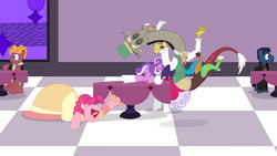 Size: 8000x4500 | Tagged: safe, artist:kimberlycolors, discord, pinkie pie, screwball, draconequus, earth pony, pony, fanfic:daughter of discord, g4, absurd resolution, clothes, crossover, dress, fart joke, female, grand galloping gala, laughing, male, mare, nightcrawler, ponified, ronaldo fryman, spoiler, stallion, steven universe, x-men