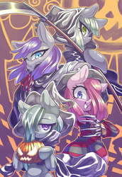 Size: 2408x3500 | Tagged: safe, artist:kaikoinu, limestone pie, marble pie, maud pie, pinkie pie, earth pony, vampire, semi-anthro, g4, cape, claws, clothes, costume, dracula, female, freddy krueger, grim reaper, halloween, halloween costume, high res, holiday, jack-o-lantern, metal claws, nightmare night, pie sisters, pinkamena diane pie, pumpkin, scythe, siblings, sisters, witch
