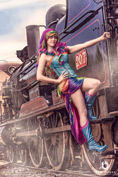 Size: 1024x1536 | Tagged: safe, artist:babygirlfallenangel, rainbow dash, human, g4, boots, clothes, corset, cosplay, costume, high heel boots, high heels, irl, irl human, locomotive, photo, shoes, solo, steam engine, train