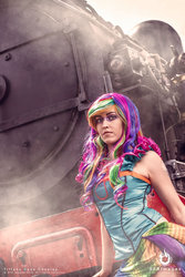 Size: 1024x1536 | Tagged: safe, artist:babygirlfallenangel, rainbow dash, human, g4, clothes, corset, cosplay, costume, irl, irl human, locomotive, photo, solo, steam engine, train