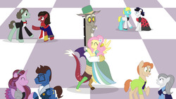 Size: 8000x4500 | Tagged: safe, artist:kimberlycolors, discord, fluttershy, fanfic:daughter of discord, g4, absurd resolution, adrien agreste, bruno carrelli, clothes, crossover, dexter charming, dress, ever after high, grand galloping gala, hug, judy hopps, kamala khan, male, marinette dupain-cheng, miraculous ladybug, ms. marvel, nick wilde, ponified, raven queen, ship:discoshy, shipping, spoiler, straight, zootopia