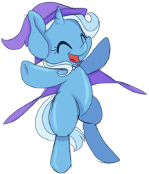Size: 6875x7989 | Tagged: safe, artist:cutepencilcase, trixie, pony, unicorn, g4, absurd resolution, bipedal, cape, clothes, cute, diatrixes, eyes closed, female, hat, open mouth, simple background, smiling, solo, transparent background, trixie's cape, trixie's hat, underhoof