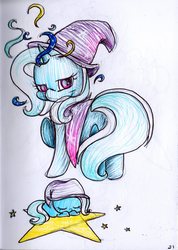 Size: 1442x2028 | Tagged: safe, artist:cutepencilcase, trixie, pony, unicorn, g4, butt, eyes closed, female, hat, lidded eyes, looking at you, nightcap, plot, raised hoof, smiling, solo, stars, the great and powerful ass, traditional art