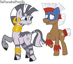 Size: 1024x902 | Tagged: safe, artist:xxparadoxponyxx, temple chant, zecora, earth pony, pony, zebra, g4, female, male, mare, shipping, simple background, stallion, straight, tribal pony, white background, zechant