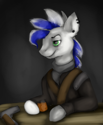 Size: 822x1000 | Tagged: safe, artist:opalescentplasma, oc, oc only, oc:stormrunner, fallout equestria, alcohol, bar, clothes, colt 45, gun, m1911, piercing, scarf, solo, weapon, whiskey