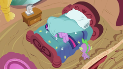 Size: 992x558 | Tagged: safe, screencap, spike, twilight sparkle, pony, unicorn, g4, lesson zero, bed, golden oaks library