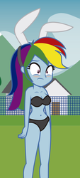 Size: 648x1428 | Tagged: safe, artist:conikiblasu-fan, rainbow dash, equestria girls, g4, belly button, black bra, black panties, black underwear, blushing, bra, breasts, bunny ears, cleavage, clothes, cropped, embarrassed, embarrassed underwear exposure, female, panties, show accurate, solo, underwear
