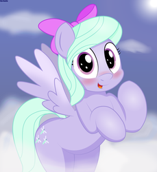 Size: 3900x4266 | Tagged: safe, artist:an-tonio, flitter, pegasus, pony, g4, bipedal, blushing, bow, cloud, cute, female, flitterbetes, hair bow, mare, open mouth, solo