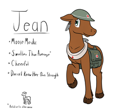 Size: 1391x1255 | Tagged: safe, artist:the-furry-railfan, oc, oc only, oc:jean, moose, fallout equestria: long haul, brodie helmet, canada, ear piercing, earring, hat, helmet, horse collar, jewelry, maple leaf, medic, medical saddlebag, piercing, raised hoof, reference sheet, saddle bag, size difference, wind chime