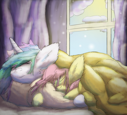 Size: 4104x3713 | Tagged: safe, artist:firefanatic, fluttershy, princess celestia, alicorn, pegasus, pony, g4, bed, bed mane, blanket, colored, cuddling, cute, duo, ear fluff, eyes closed, fluffy, friendshipping, messy mane, prone, sleeping, smiling, snuggling, story included, window