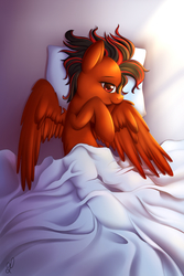 Size: 800x1200 | Tagged: safe, artist:divlight, oc, oc only, oc:ruby clockwork, pony, bed, blanket, looking at you, morning ponies, pillow, smiling, solo, spread wings