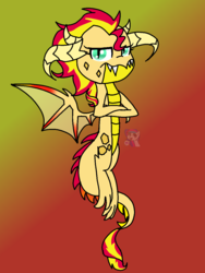 Size: 960x1280 | Tagged: safe, artist:xxsunsetshimmer23xx, sunset shimmer, dragon, g4, crossed arms, dragonified, fangs, female, flying, gradient background, lidded eyes, looking at you, solo, species swap, spread wings, sunset dragon