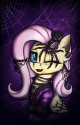 Size: 1161x1812 | Tagged: safe, artist:dipfanken, fluttershy, spider, g4, bust, clothes, creepy, ear fluff, female, goth, gothic, jewelry, looking at you, necklace, one eye closed, open mouth, smiling, solo, spider web, wink