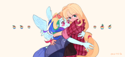 Size: 1280x587 | Tagged: safe, artist:dusty-munji, applejack, rainbow dash, human, g4, apple, blushing, female, food, hug, humanized, lesbian, pony coloring, ship:appledash, shipping, smiling, winged humanization, zap apple