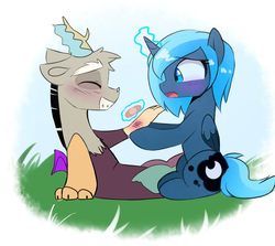 Size: 1800x1607 | Tagged: safe, artist:elementalokami, discord, princess luna, alicorn, draconequus, pony, bandaid, blushing, cute, discute, eyes closed, female, filly, filly luna, foal, grass, injured, levitation, lunabetes, lunacord, magic, male, open mouth, s1 luna, sad, shipping, simple background, sitting, straight, telekinesis, white background, woona, young, young discord, young luna, younger