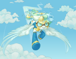 Size: 3806x2972 | Tagged: safe, artist:orchidpony, vapor trail, pegasus, pony, g4, cloud, female, flying, goggles, high res, mare, smiling, smug, solo, wonderbolt trainee uniform