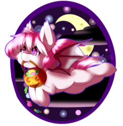 Size: 1280x1316 | Tagged: safe, artist:fatcakes, oc, oc only, bat pony, pony, bat pony oc, candy, cloud, fangs, flying, food, halloween, moon, night, solo