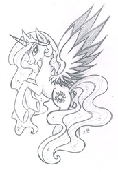 Size: 1503x2190 | Tagged: safe, artist:rossmaniteanzu, princess celestia, g4, female, flying, grayscale, looking at you, looking back, monochrome, open mouth, simple background, sketch, smiling, solo, spread wings, traditional art, underhoof, white background