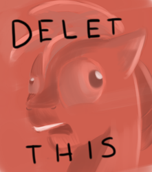 Size: 1280x1445 | Tagged: safe, artist:itsthinking, big macintosh, g4, bust, caption, delet this, floppy ears, image macro, male, meme, monochrome, open mouth, portrait, reaction image, solo, text