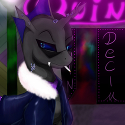 Size: 1000x1000 | Tagged: safe, artist:phobos-ilungian, oc, oc only, oc:phobos, changeling, changeling oc, clothes, crystal, fangs, fluffy, jacket, leather jacket, male, nightclub, purple changeling, quin decim, smoking, solo, sunglasses