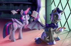 Size: 5950x3850 | Tagged: safe, artist:silfoe, twilight sparkle, oc, oc:au hasard, alicorn, bat pony, pony, fanfic:researcher twilight, absurd resolution, armor, duo, fanfic, fanfic art, frown, hoof hold, levitation, magic, magnifying glass, night guard, raised leg, reading, research, royal guard, sitting, smiling, studying, telekinesis, thinking, twilight sparkle (alicorn), underhoof, writing
